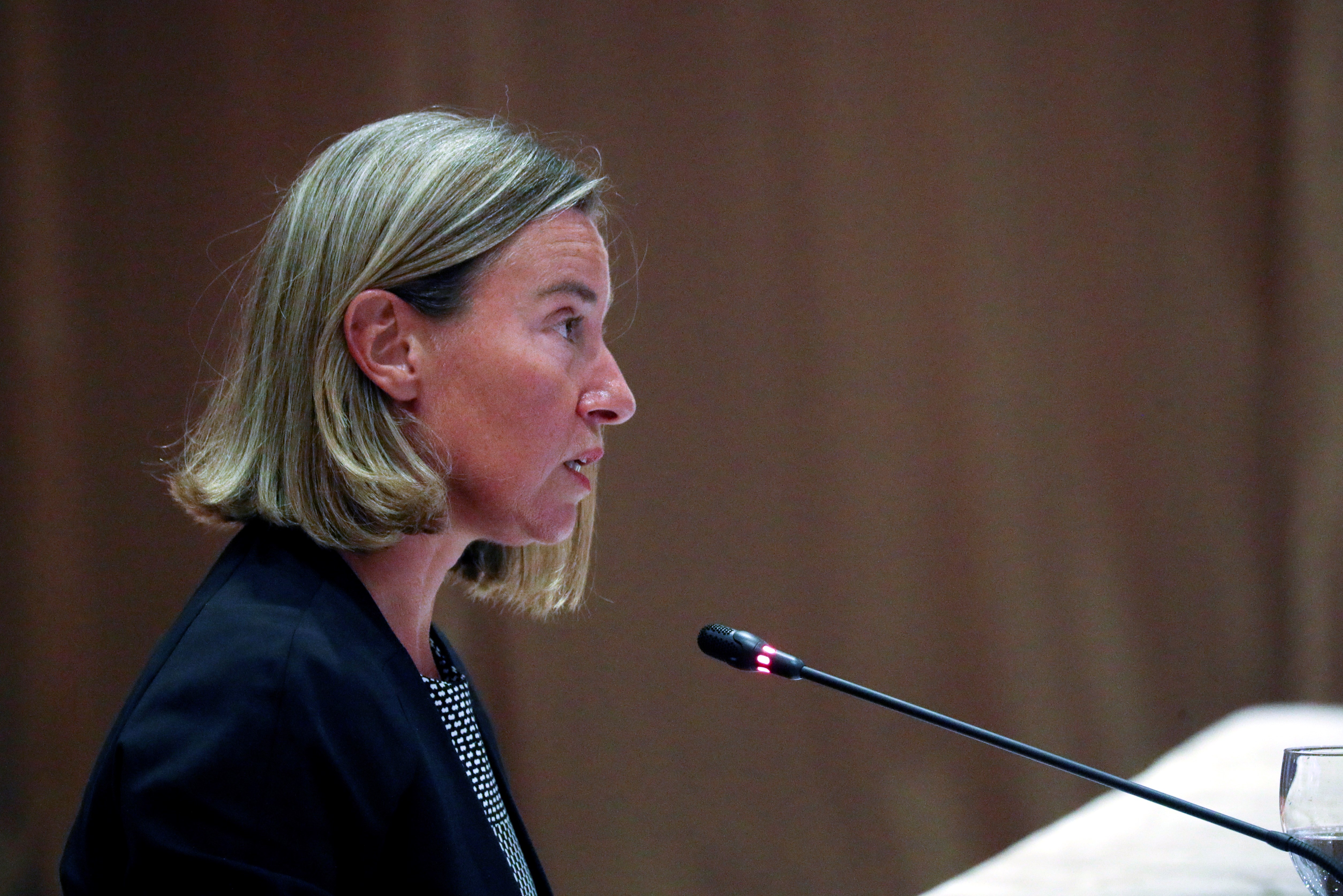 epa06924910 High Representative of the European Union for Foreign Affairs and Security Policy Federica Mogherini delivers her address during the meeting between the European Union and ASEAN foreign ministers at the 51st ASEAN Foreign Ministers' Meeting (AMM) in Singapore, 03 August 2018. The 51st Association of South East Asian Nations (ASEAN) Foreign Ministers' Meeting (AMM) and Related Meetings takes place in Singapore from 01 to 04 August under the theme 'Resilient and Innovative'. Ministers from the ten member countries: Singapore, Malaysia, Indonesia, Thailand, Vietnam, Myanmar, Laos, Cambodia, Brunei Darussalam, and the Philippines, will meet with their counterparts from China, Russia, South Korea, Japan, the United States, Australia, New Zealand and the European Union. EPA/WALLACE WOON