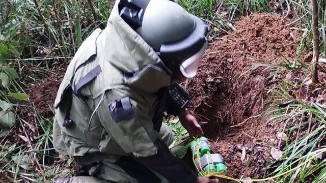 Un agente antiexplosivos de la Policía busca artefactos explosivos en Ixcán, Quiché. / Foto: PNC
