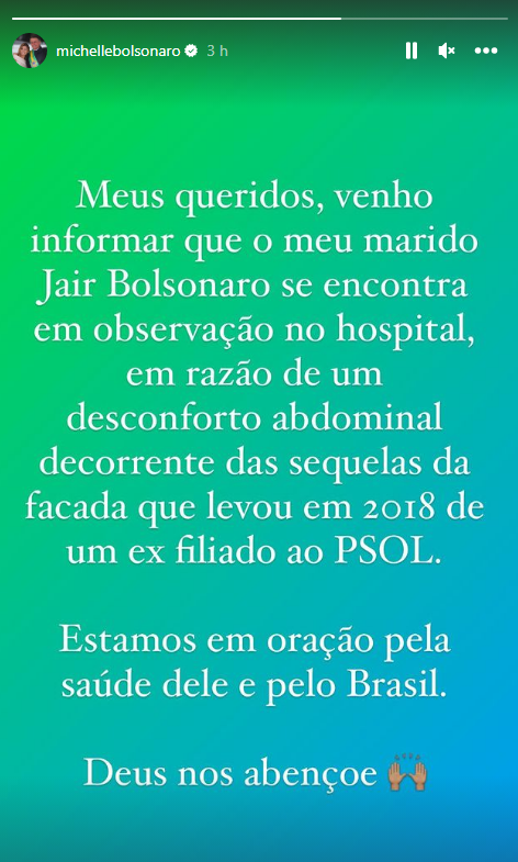 Michelle Bolsonaro confirma que Jair Bolsonaro fue hospitalizado