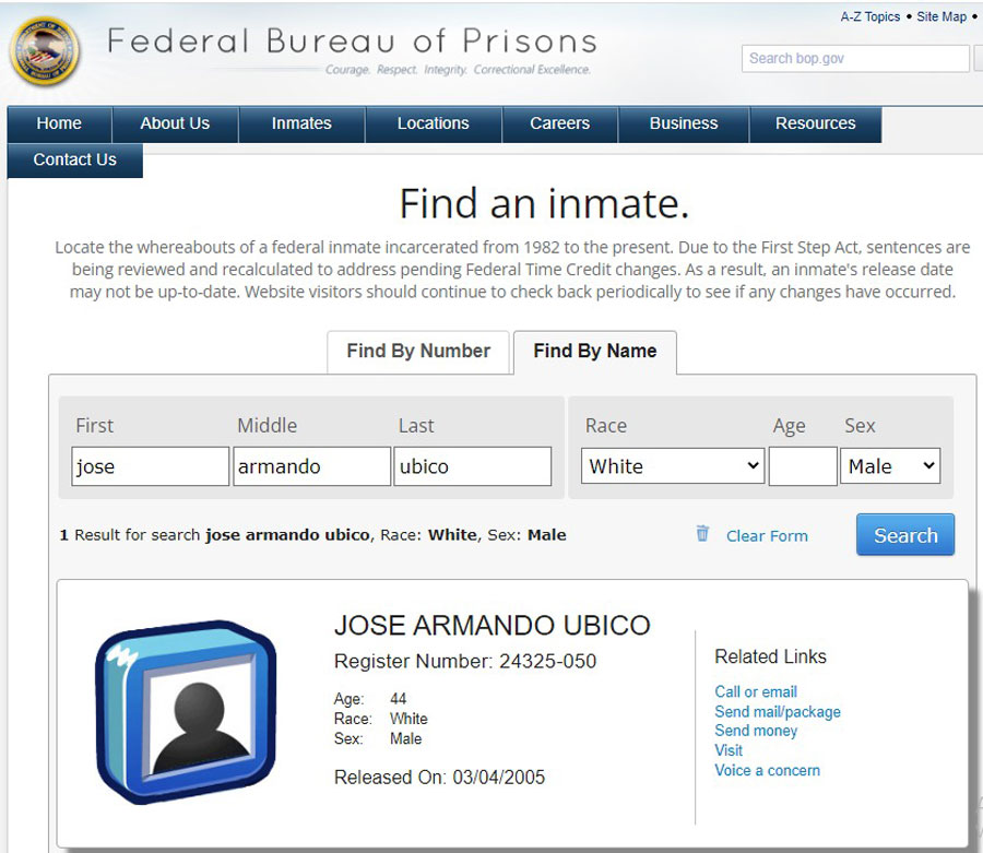 Consulta al Buró Federal de Prisiones de EE.UU. sobre diputado José Ubico