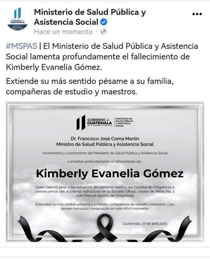 Esquela por la muerte de la niña Kimberly Gómez en Chiquimula