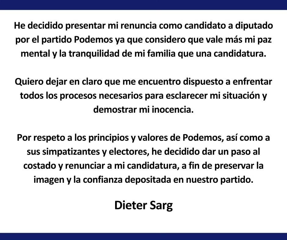 comunicado del candidato a diputado Dieter Sarg