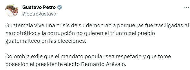 tuit del presidente de Colombia, Gustavo Petro, sobre Guatemala