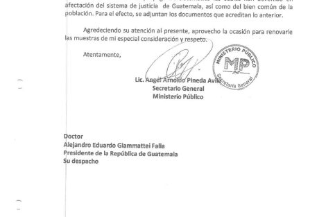 oficio del Ministerio Público enviado a Giammattei para gestionar defensa a nivel internacional