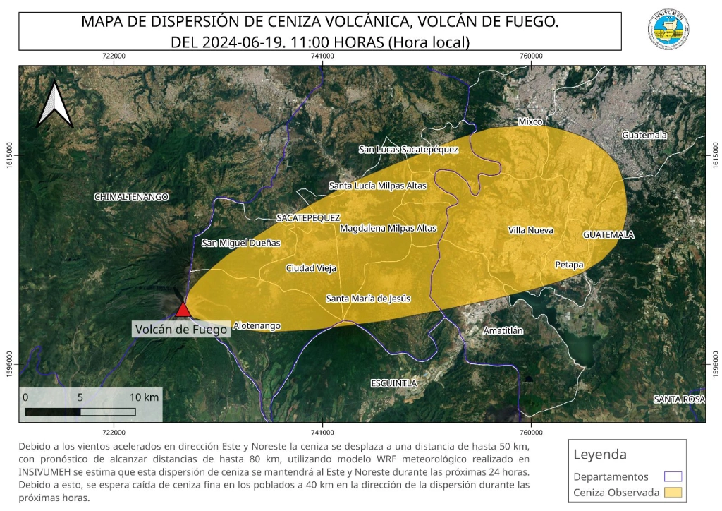 mapa de dispersión de ceniza generada por el volcán de Fuego